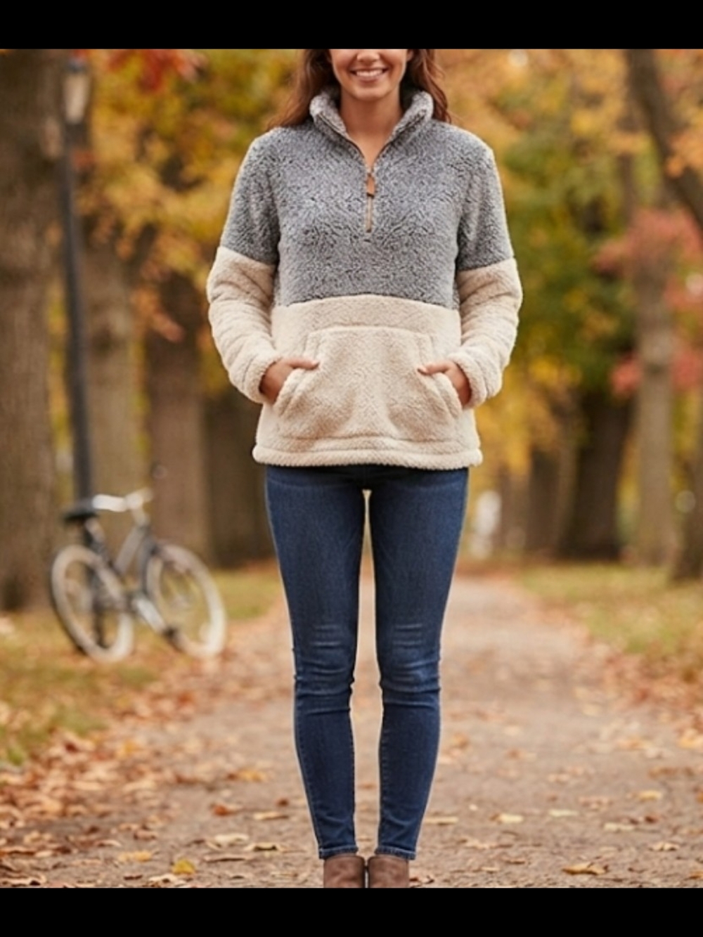 Cozy Two-Tone Sherpa Pullover Sweater - Gray & Cream
